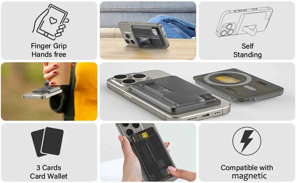 Grippopso Universal Magnetic Wallet Case Men Women Phone Card Holder Wallet With Finger Ring Holder Anti-scratch Card Case