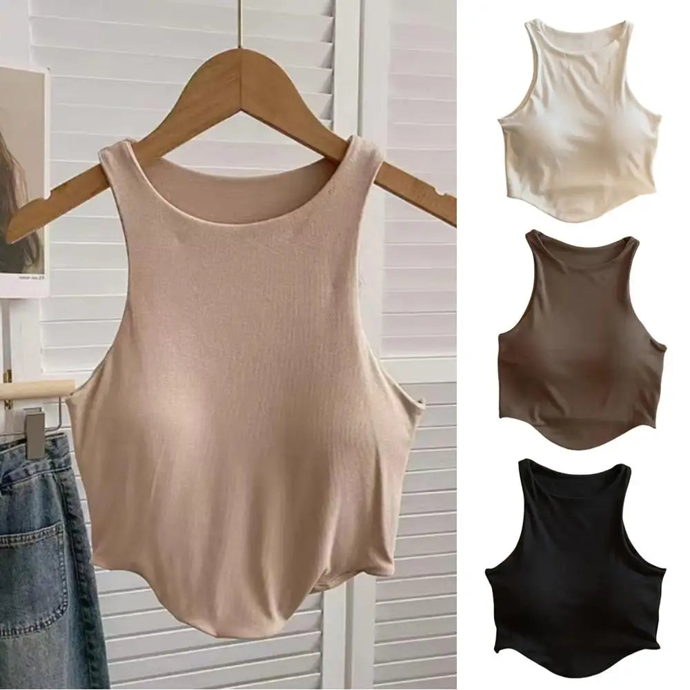 Summer Women Tank Tops Camisole With Padded Bra Solid Color Sexy Off Shoulder O Neck Elastic Sport Vest Push Up Base Shirt