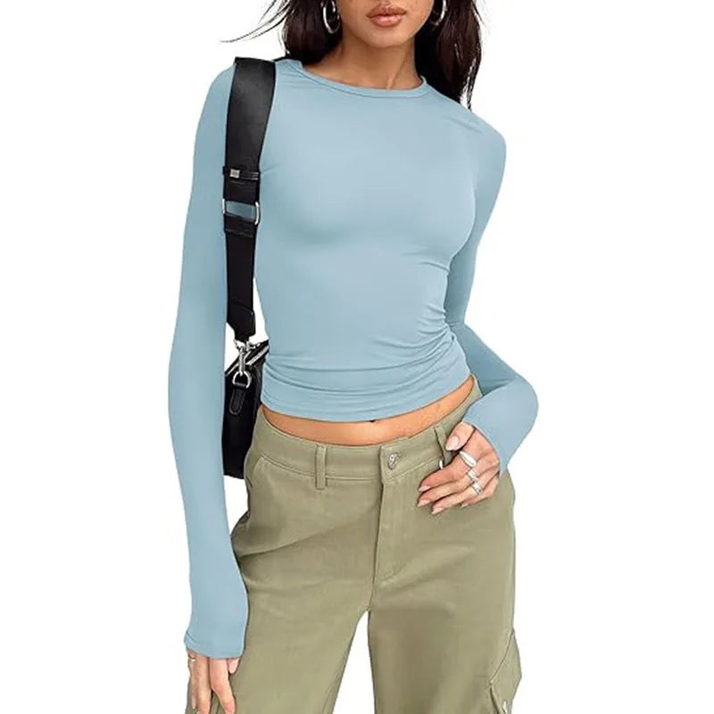 1pcs Four Seasons Fashion Senior Women T-shirt Long Sleeve Crew Neck Solid Slim Fit Tee Ladies Crop Top Daily Streetwear Camis