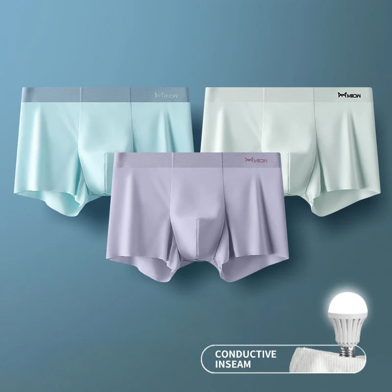 MIIOW 3Pcs Ice Silk Man Underwear Boxer Metal Fiber Antistatic Men Underpants Seamless Cut Hem Men&