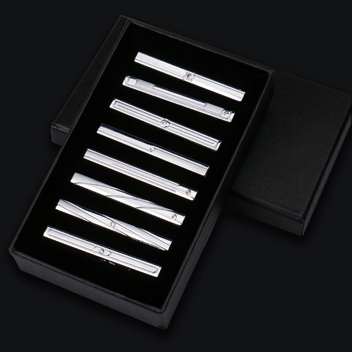 8pcs Tie Clips Metal Diamond With Box For Men Wedding Mens Necktie Clips Set Chrome Stainless Steel Jewelry Gentleman Ties Pin