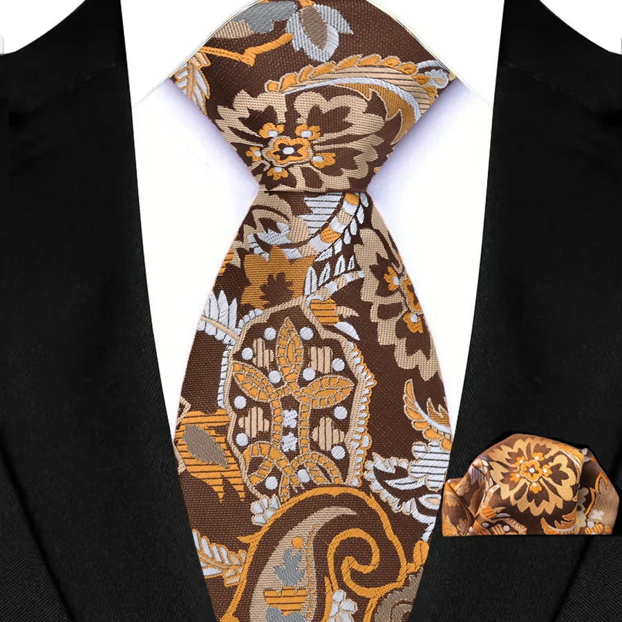 Mens 8cm Tie Set Orange Brown Floral Stripes Wedding Tie Hadkerchief Set For Men Fashion Design Quality Hanky Necktie Set