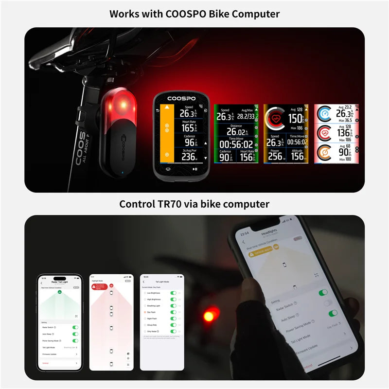 COOSPO TR70 Radar Tail Light Smart Bike Taillight Brake Warning IP67 Waterproof Cycling Rear Light 7 Light Modes Tail Lamp
