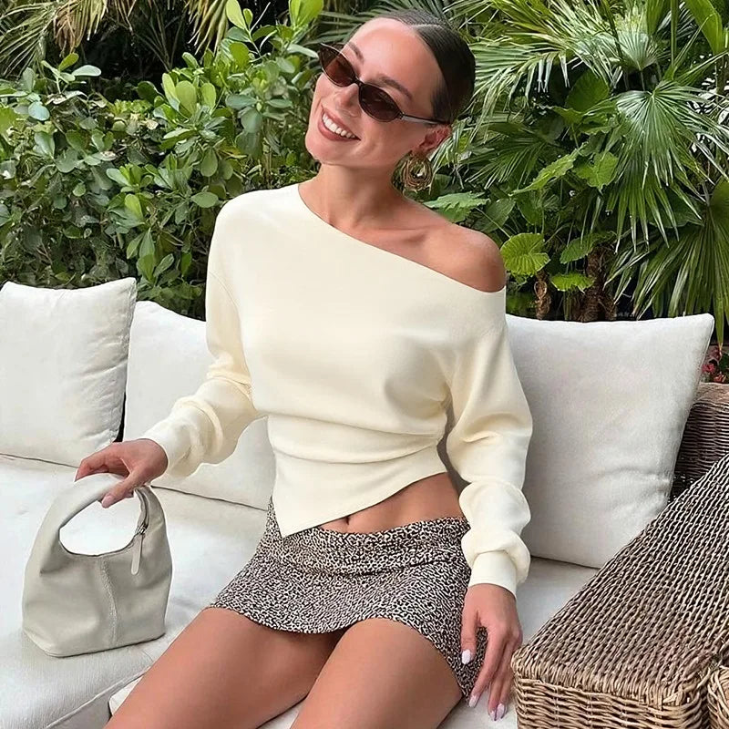 Talenza Women Casual Top Fashion Slim Slit Long Sleeve Pullover Top Sexy Strapless Pleated New Party Looks Top Female Streetwear