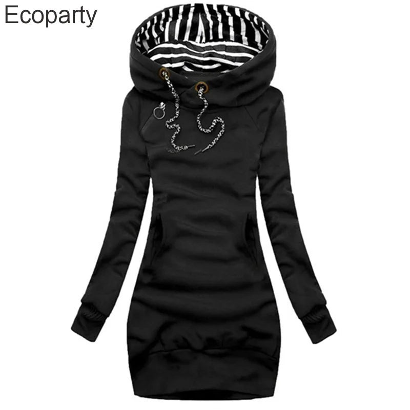 Hoodie Dress Casual Solid Colour Long Sleeve Drawstring Hoodie Dress Slim Hooded Pullover Sweatshirt Dress
