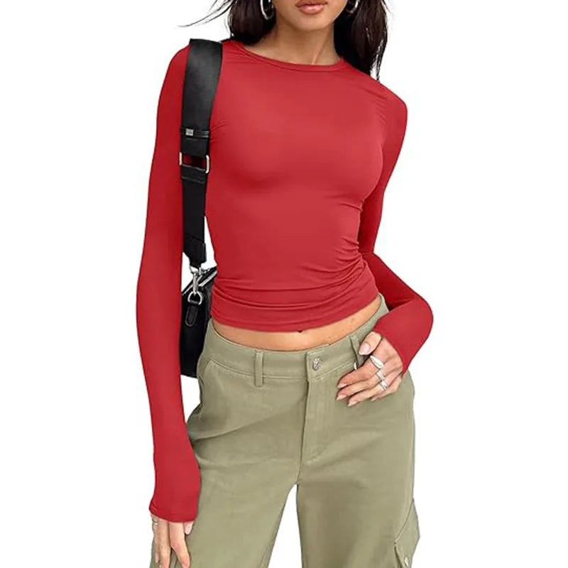 1pcs Four Seasons Fashion Senior Women T-shirt Long Sleeve Crew Neck Solid Slim Fit Tee Ladies Crop Top Daily Streetwear Camis