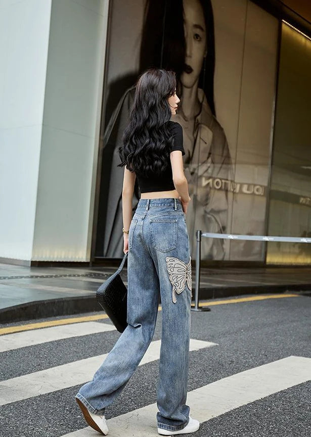 Womens Jeans High Waist Shot Denim Pants for Women Graphic Straight Leg Butterfly Trousers with Print Pattern Basics Z on Sale A