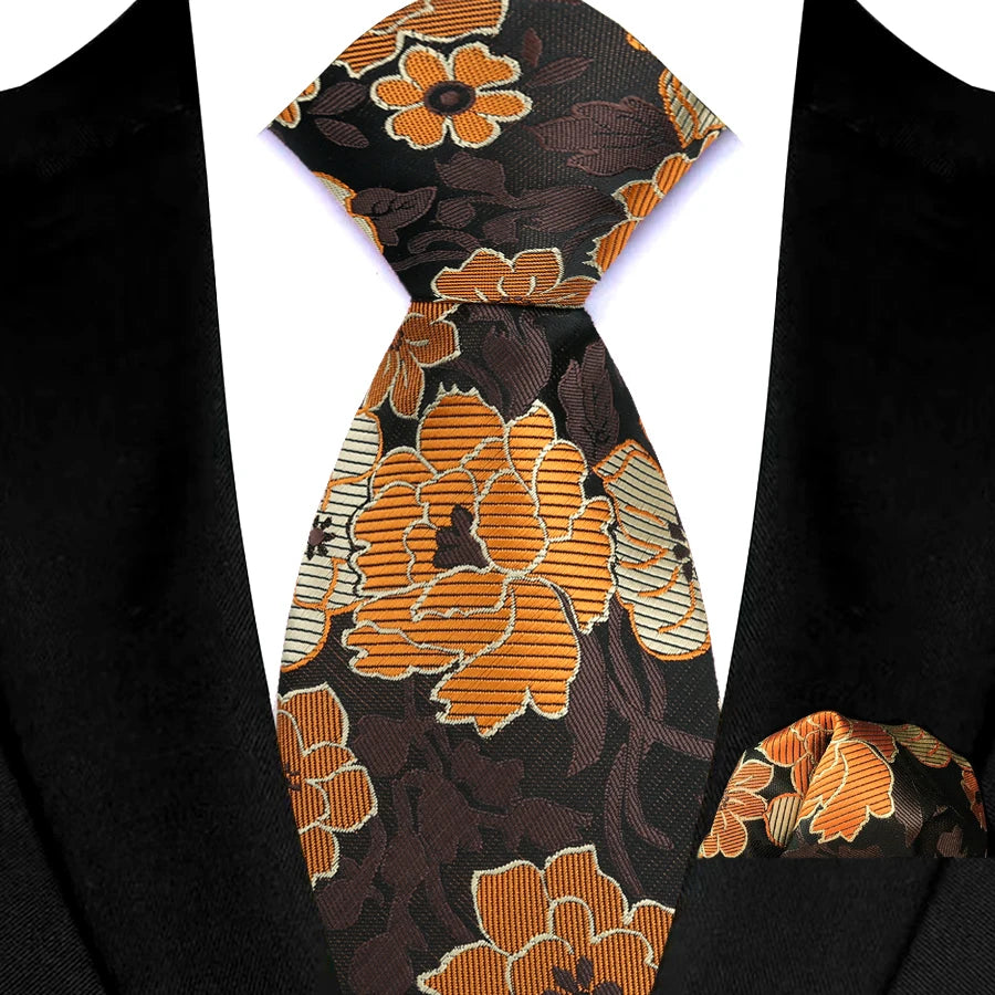 Mens 8cm Tie Set Orange Brown Floral Stripes Wedding Tie Hadkerchief Set For Men Fashion Design Quality Hanky Necktie Set