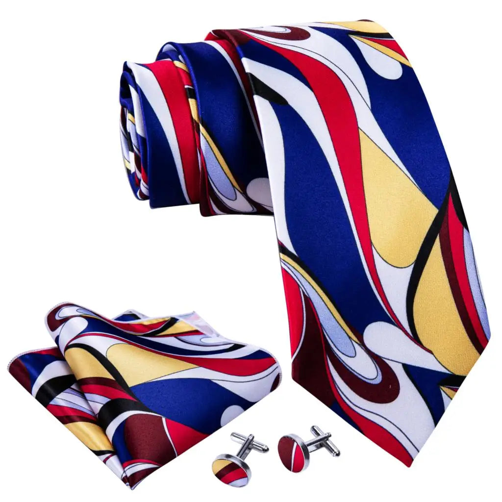 Barry.Wang Colorful Men Tie Handkerchief Cufflinks Set Novelty Floral Necktie for Male Designer Wedding Business Party Gift