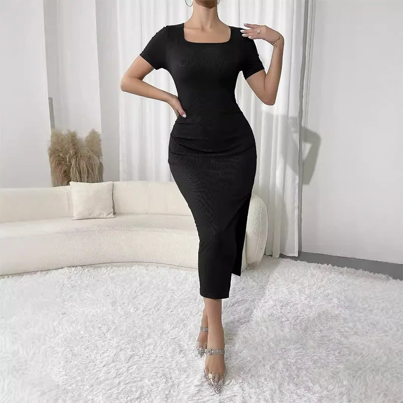 Slim Fit Square Neck Side Open Long Dress Sexy Solid Color Elegance Women&