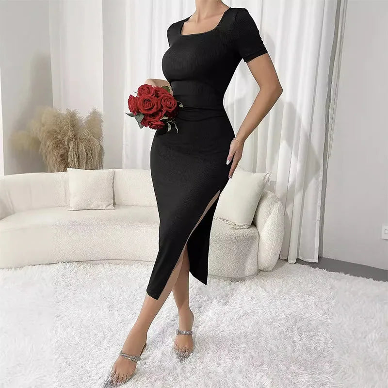 Slim Fit Square Neck Side Open Long Dress Sexy Solid Color Elegance Women&