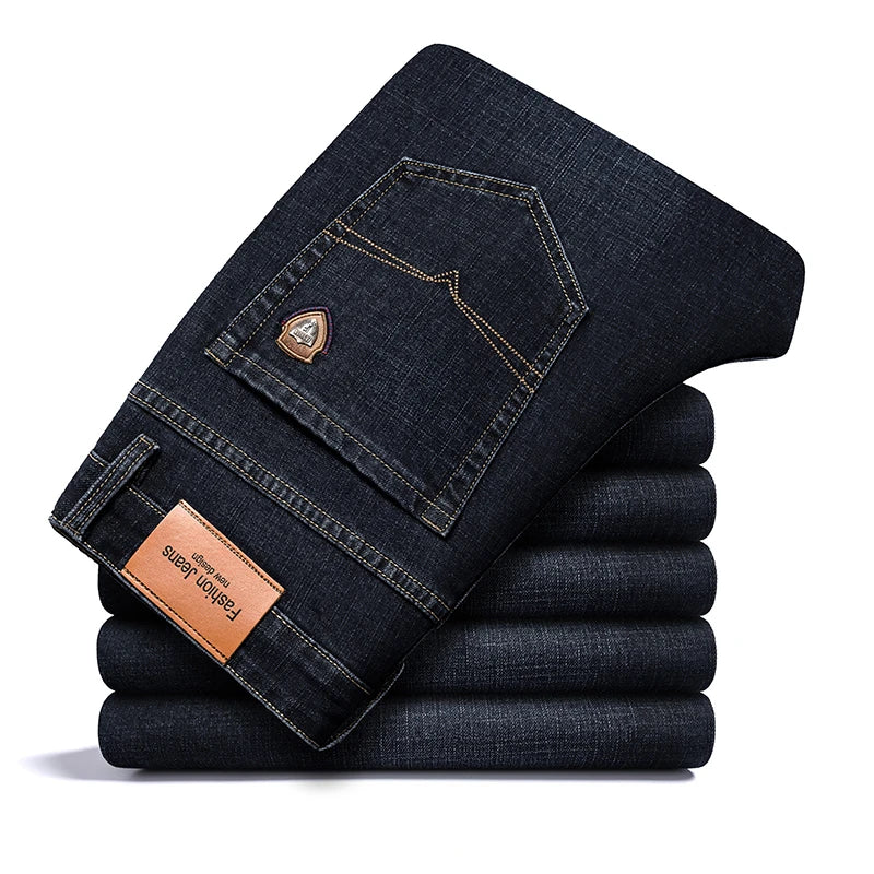 SHAN BAO 2022 autumn spring fitted straight stretch denim jeans classic style badge youth men&