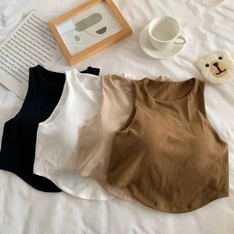 Summer Women Tank Tops Camisole With Padded Bra Solid Color Sexy Off Shoulder O Neck Elastic Sport Vest Push Up Base Shirt