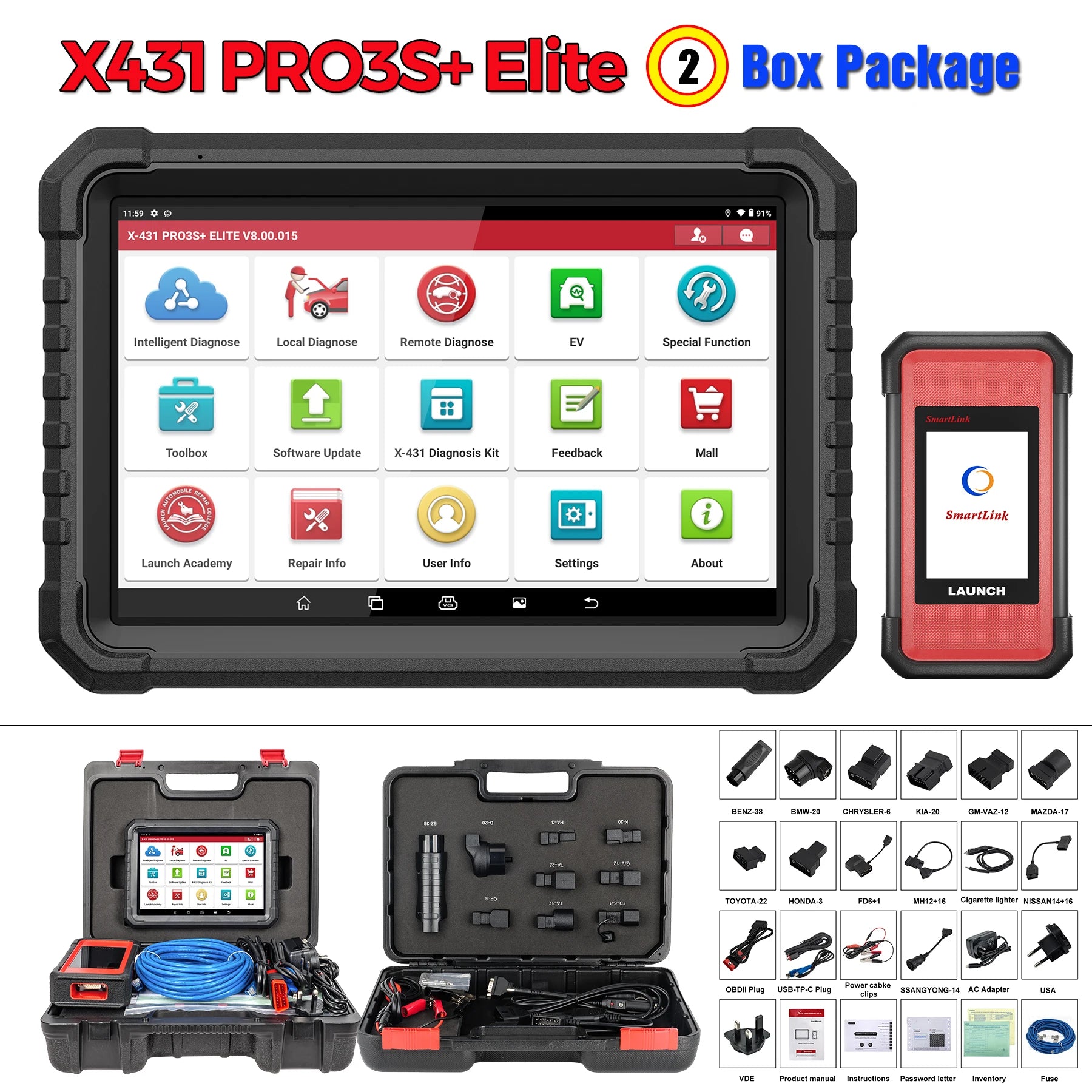 LAUNCH X431 PRO3S+ ELITE Bidirectional Scan Tool J2534 Program All System Diagnostic Scanner Topology All Service Online Coding