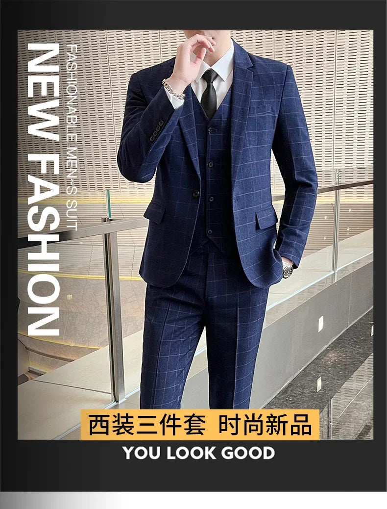 Suits (blazer+ Vest + Pants) Men Fashion Business Casual Hosts Slim-fit Gentleman Wedding Work Mens Suits 3 Piece M-5XL