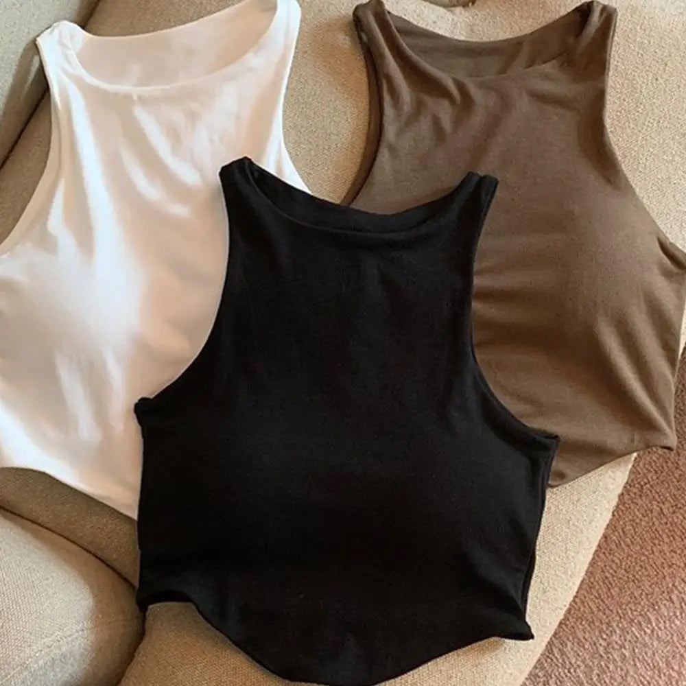 Summer Women Tank Tops Camisole With Padded Bra Solid Color Sexy Off Shoulder O Neck Elastic Sport Vest Push Up Base Shirt