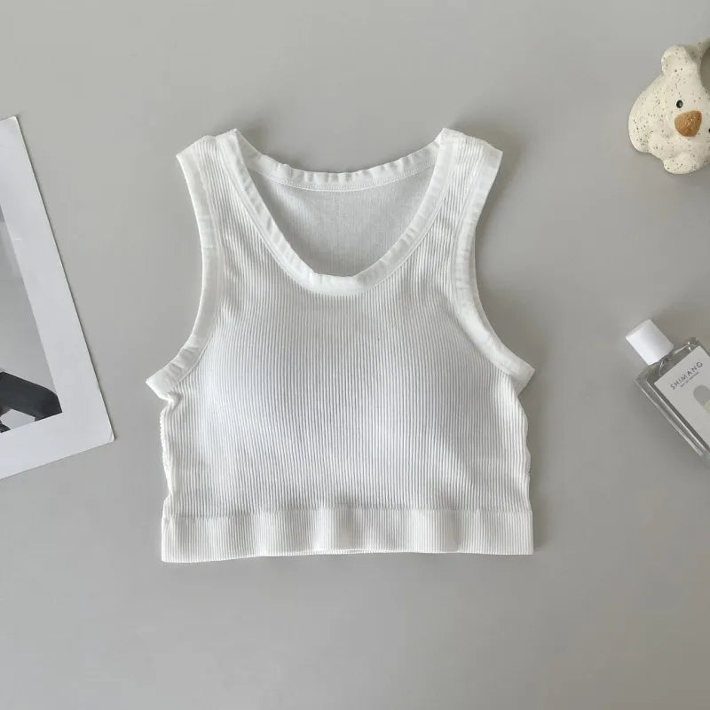 Women Tank Top Built In Bras Women Sports Bras Top With Chest Pads Shockproof Round Neck Crop Top Comfort Camisole