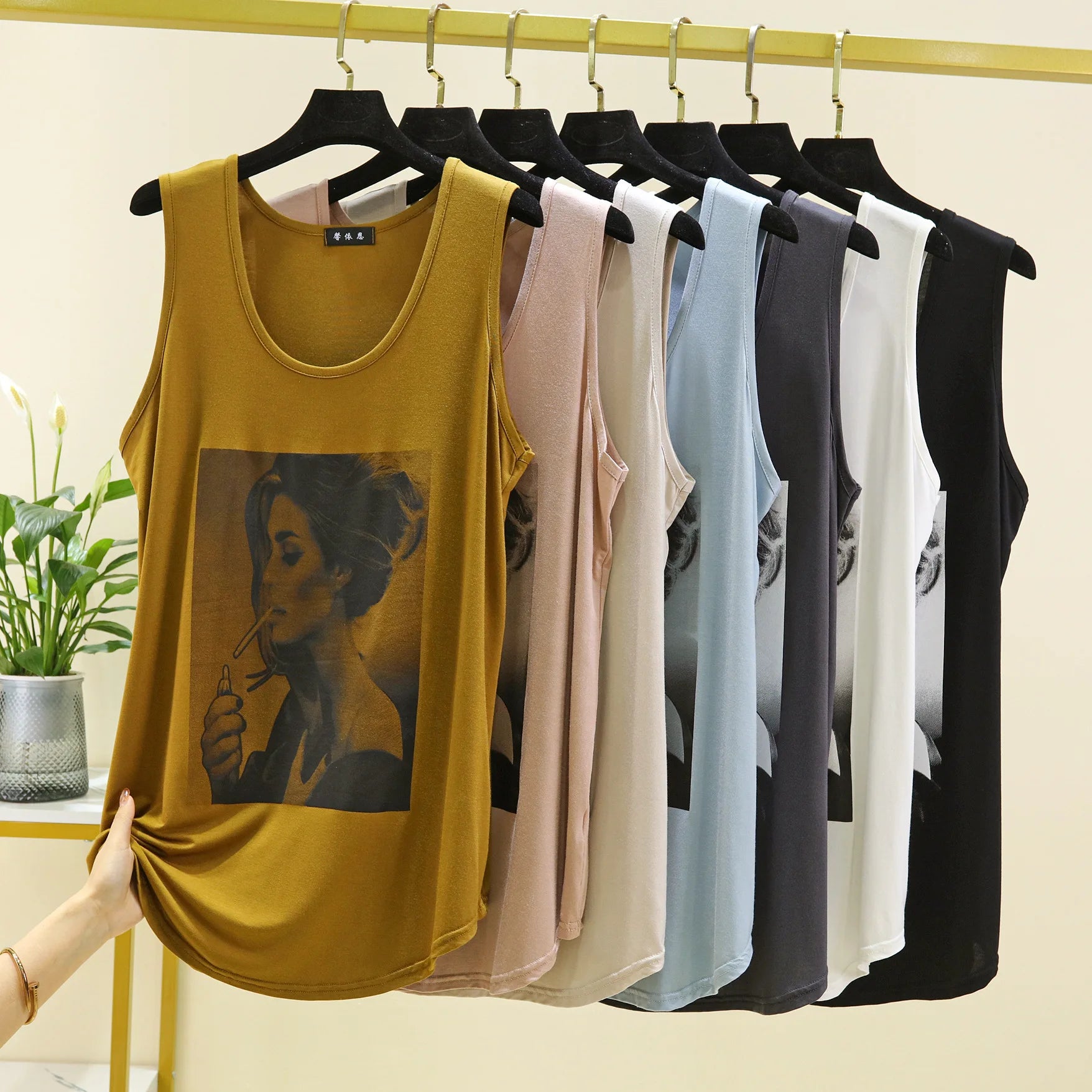 Women Long Tank Tops O-Neck Fashion Print Beauty&