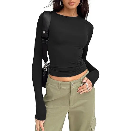 1pcs Four Seasons Fashion Senior Women T-shirt Long Sleeve Crew Neck Solid Slim Fit Tee Ladies Crop Top Daily Streetwear Camis