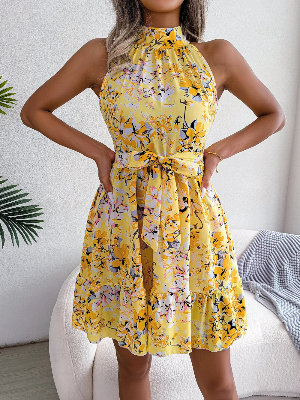 Women Casual Sleeveless Ruffles Slim Waist Floral Print Dress for Summer 2025 Elegant Dresses for Woman Valentine&