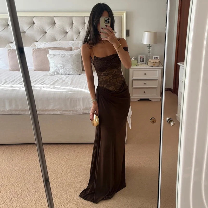 Mozision One Shoulder Lace See Through Sexy Maxi Dress Women Gown Fashion Off-shoulder Sleeveless Backless Club Long Dresses