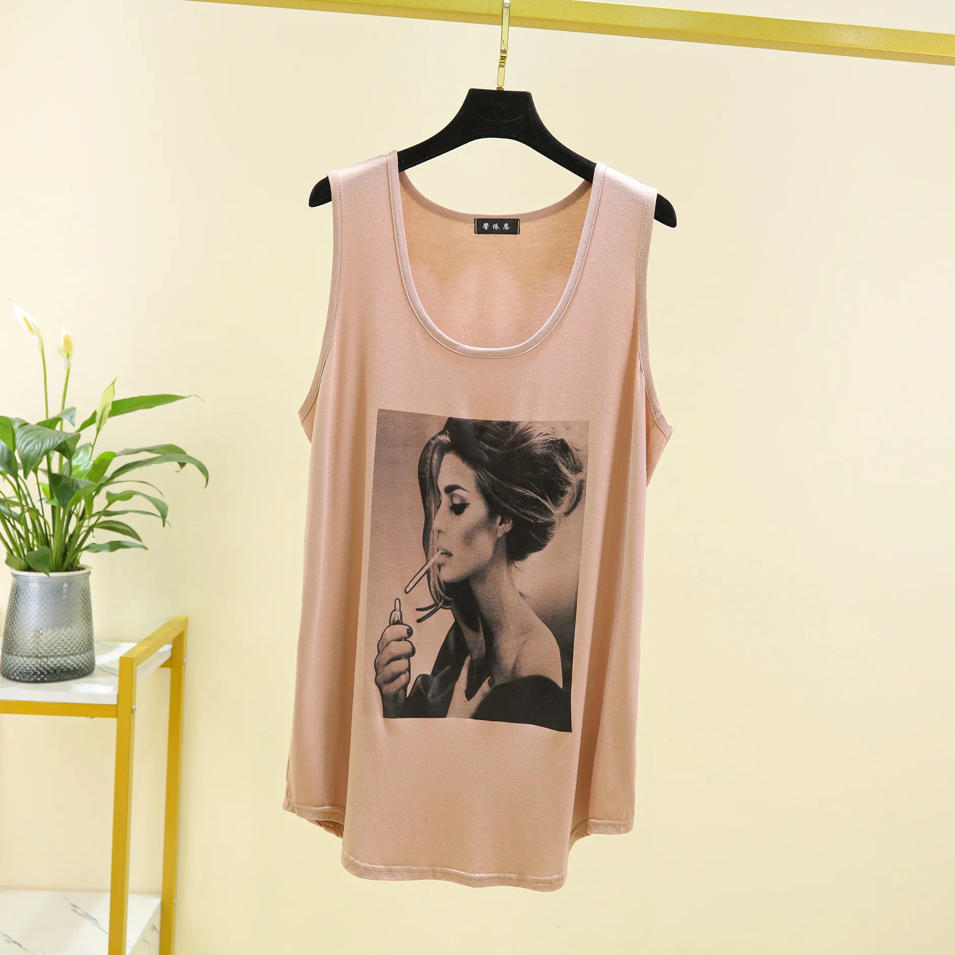 Women Long Tank Tops O-Neck Fashion Print Beauty&