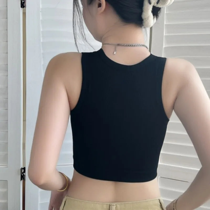 Women Tank Top Built In Bras Women Sports Bras Top With Chest Pads Shockproof Round Neck Crop Top Comfort Camisole