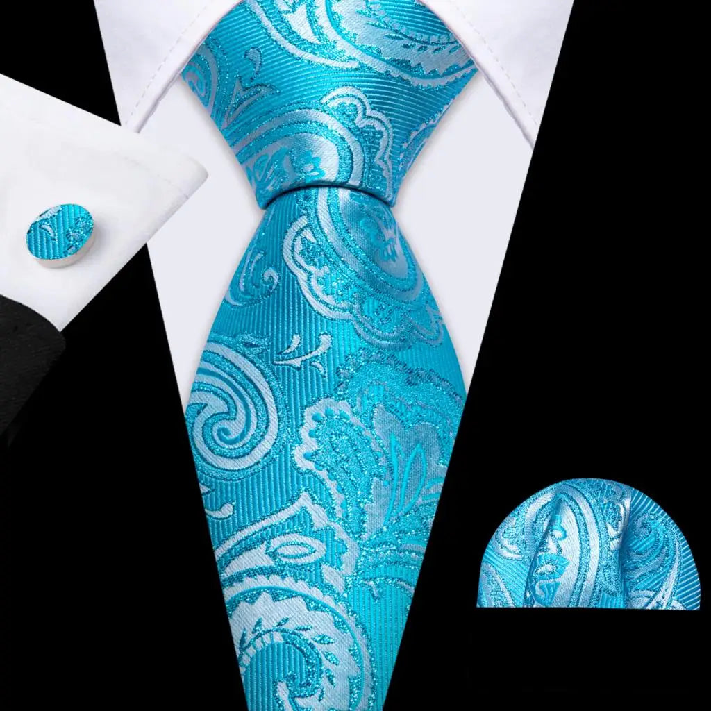Barry.Wang Navy Royal Sky Blue Silk Men Tie Hanky Cufflinks Set Jacquard Teal Cyan Turquoise Necktie for Male Wedding Business