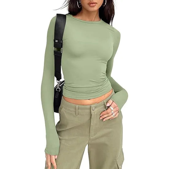 1pcs Four Seasons Fashion Senior Women T-shirt Long Sleeve Crew Neck Solid Slim Fit Tee Ladies Crop Top Daily Streetwear Camis