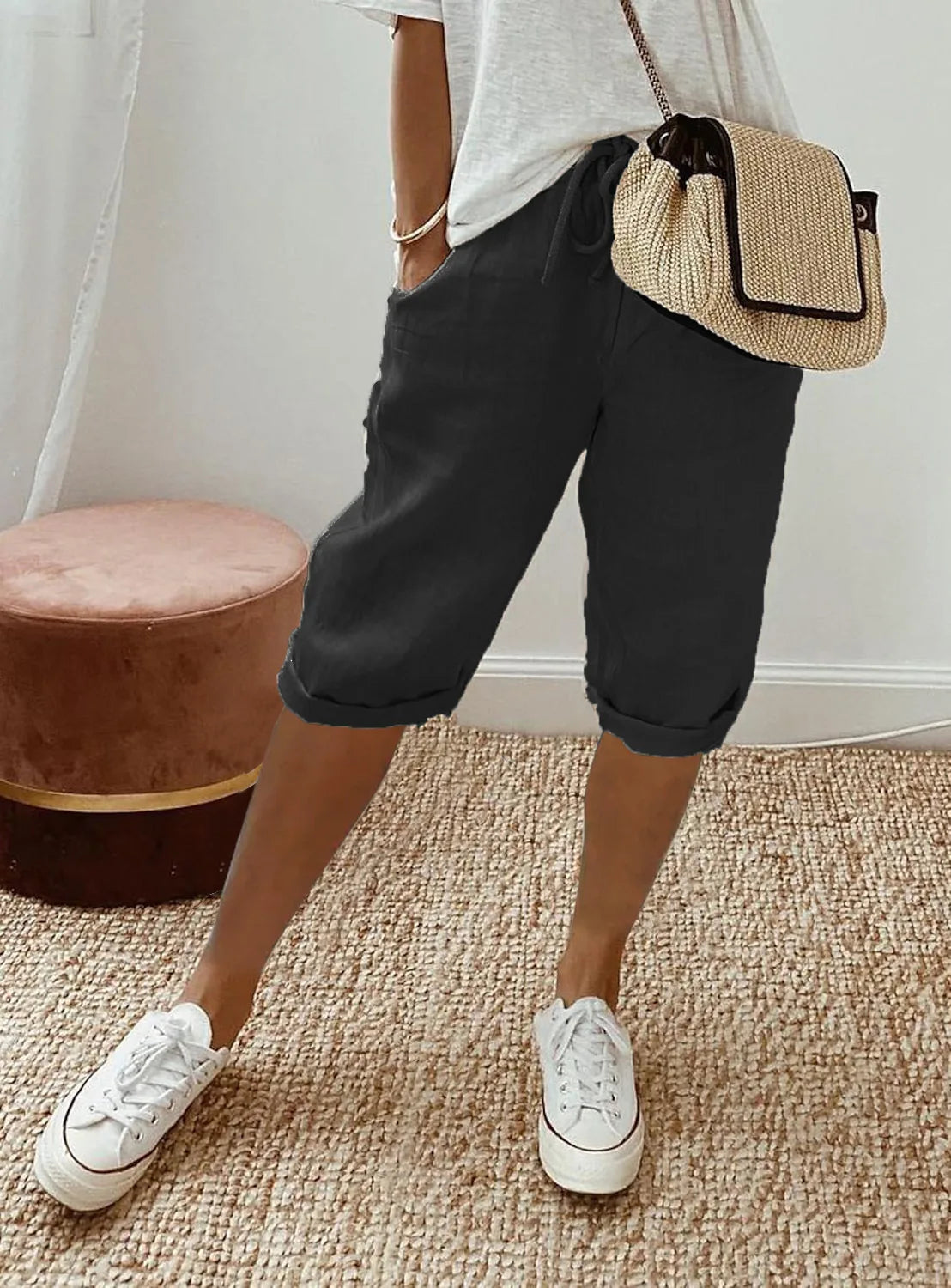 Shorts Women summer cotton linen elastic waist pocket elastic casual pants five quarter women&