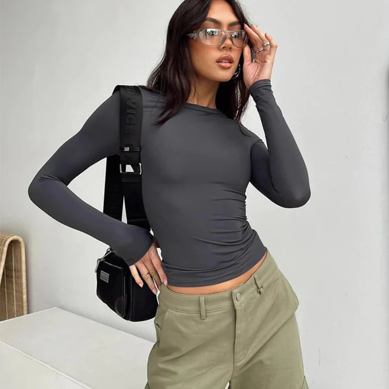 Women Casual Long Sleeve T-Shirts Spring Autumn Solid Slim Fit Pullovers Tees Shirts Female Streetwear Base Tees Tops Casual