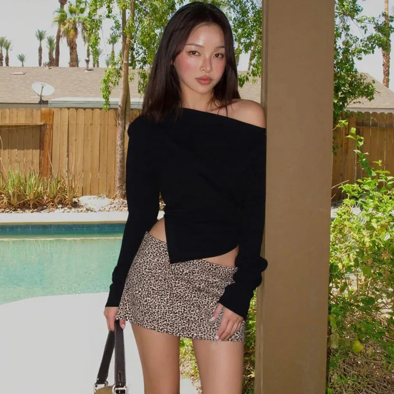 Talenza Women Casual Top Fashion Slim Slit Long Sleeve Pullover Top Sexy Strapless Pleated New Party Looks Top Female Streetwear