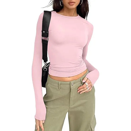 1pcs Four Seasons Fashion Senior Women T-shirt Long Sleeve Crew Neck Solid Slim Fit Tee Ladies Crop Top Daily Streetwear Camis