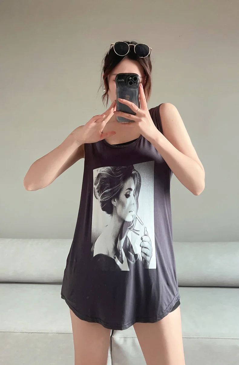 Women Long Tank Tops O-Neck Fashion Print Beauty&