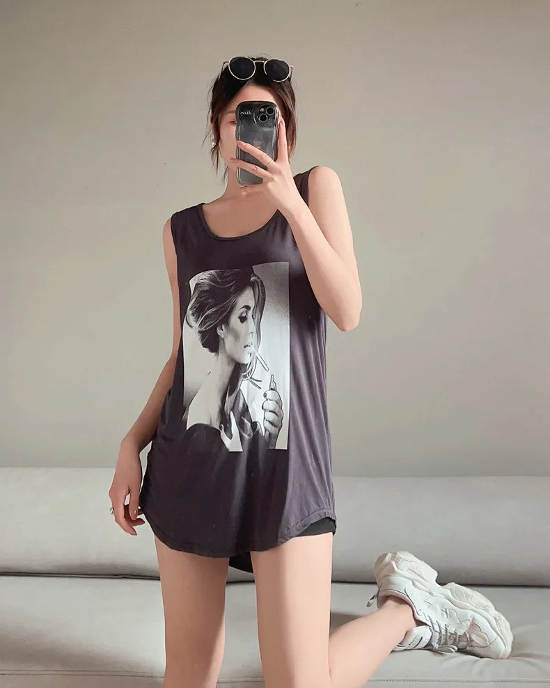 Women Long Tank Tops O-Neck Fashion Print Beauty&
