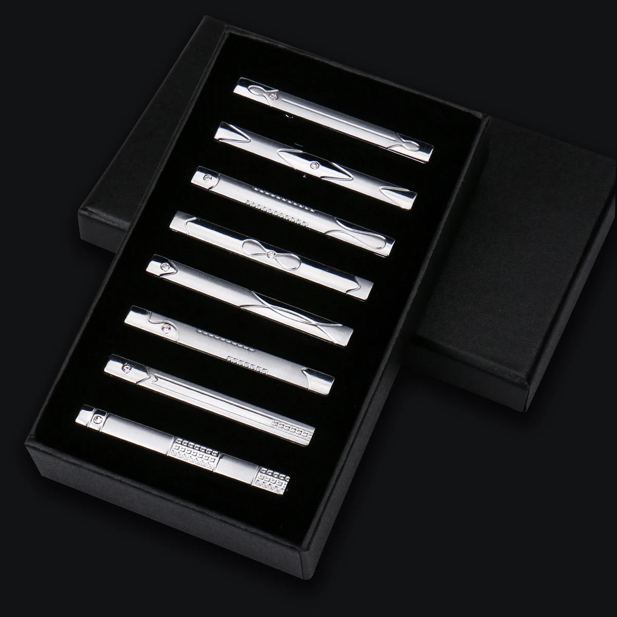 8pcs Tie Clips Metal Diamond With Box For Men Wedding Mens Necktie Clips Set Chrome Stainless Steel Jewelry Gentleman Ties Pin