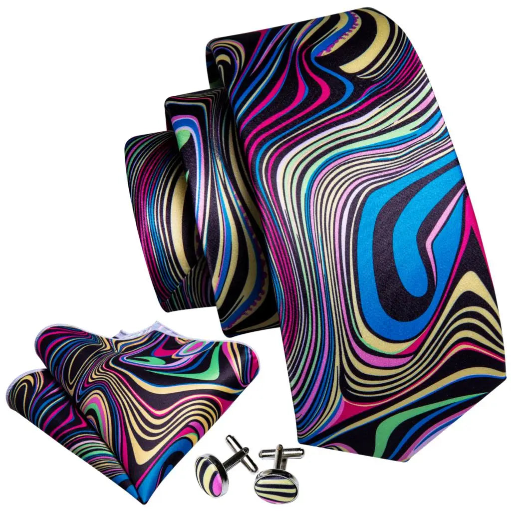 Barry.Wang Colorful Men Tie Handkerchief Cufflinks Set Novelty Floral Necktie for Male Designer Wedding Business Party Gift