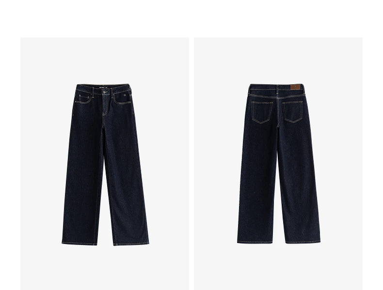 TOYOUTH Women Jeans 2025 Winter New Wool-Blend Elastic Retro Original Color Mid-Low Waist Wide-Leg Trousers
