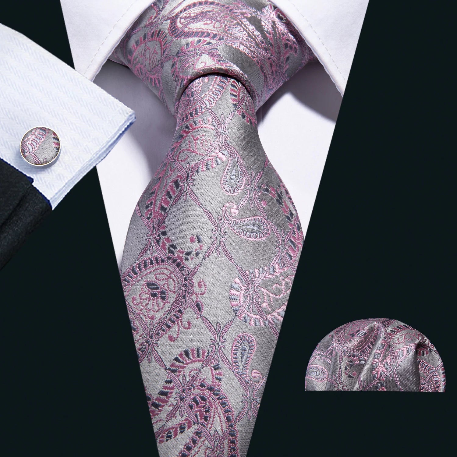 Barry.Wang Jacquard Watermelon & Peach Pink Men Tie With Pocket Square Cufflinks Set Exquisiet Necktie For Male Wedding Business