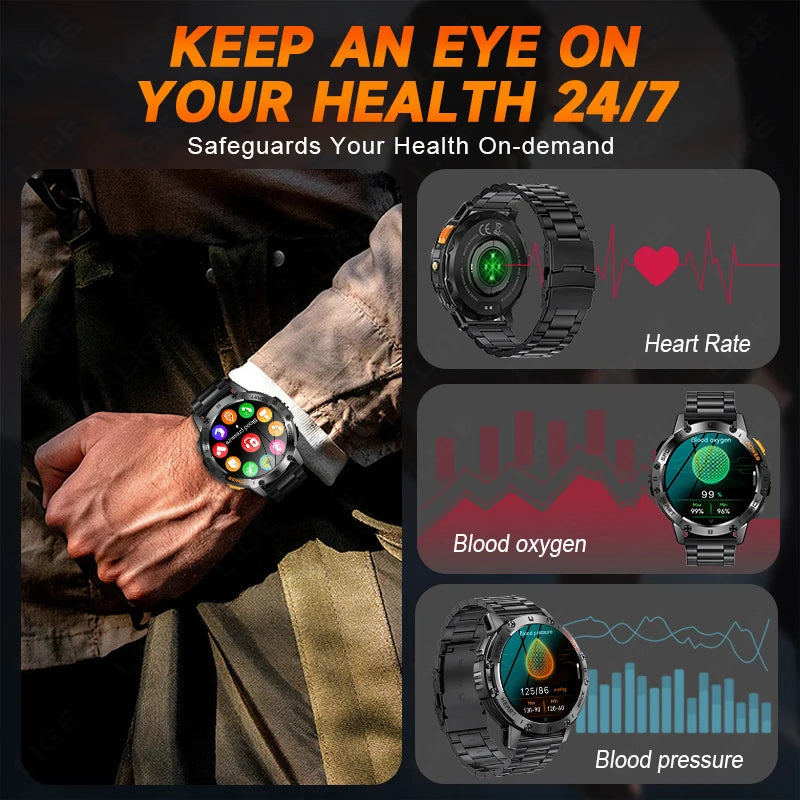 For Android ios New AMOLED Smart Watch Men with Flashlight Sports Waterproof Fitness Tracker Bluetooth Call Smartwatch Man+Box