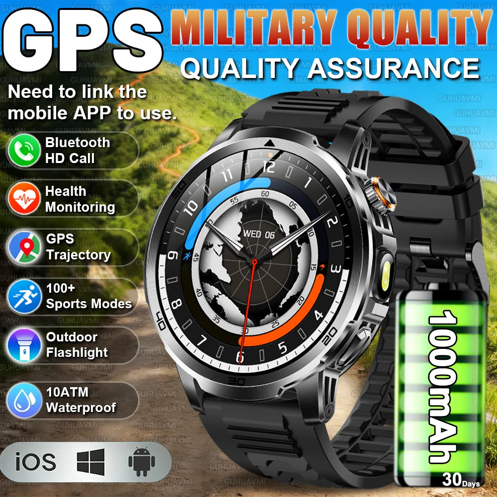 2026 New Military Outdoor Smart Watches 1.85 inch AMOLED 1000mAh Large Battery 10ATM Waterproof Call Sports Men Fitness Bracelet