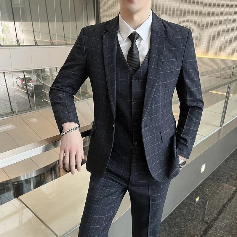 Suits (blazer+ Vest + Pants) Men Fashion Business Casual Hosts Slim-fit Gentleman Wedding Work Mens Suits 3 Piece M-5XL