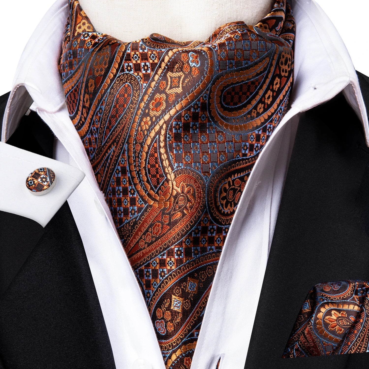 Hi-Tie Silk Mens Ascot Hanky Cufflinks Set Black Yellow White Paisley Cravat Tie Vest Dress Ascots Self Vintage Jacquard Woven