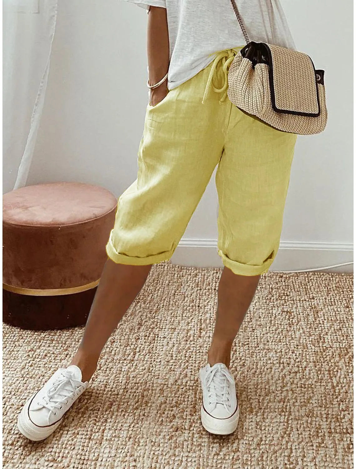 Shorts Women summer cotton linen elastic waist pocket elastic casual pants five quarter women&