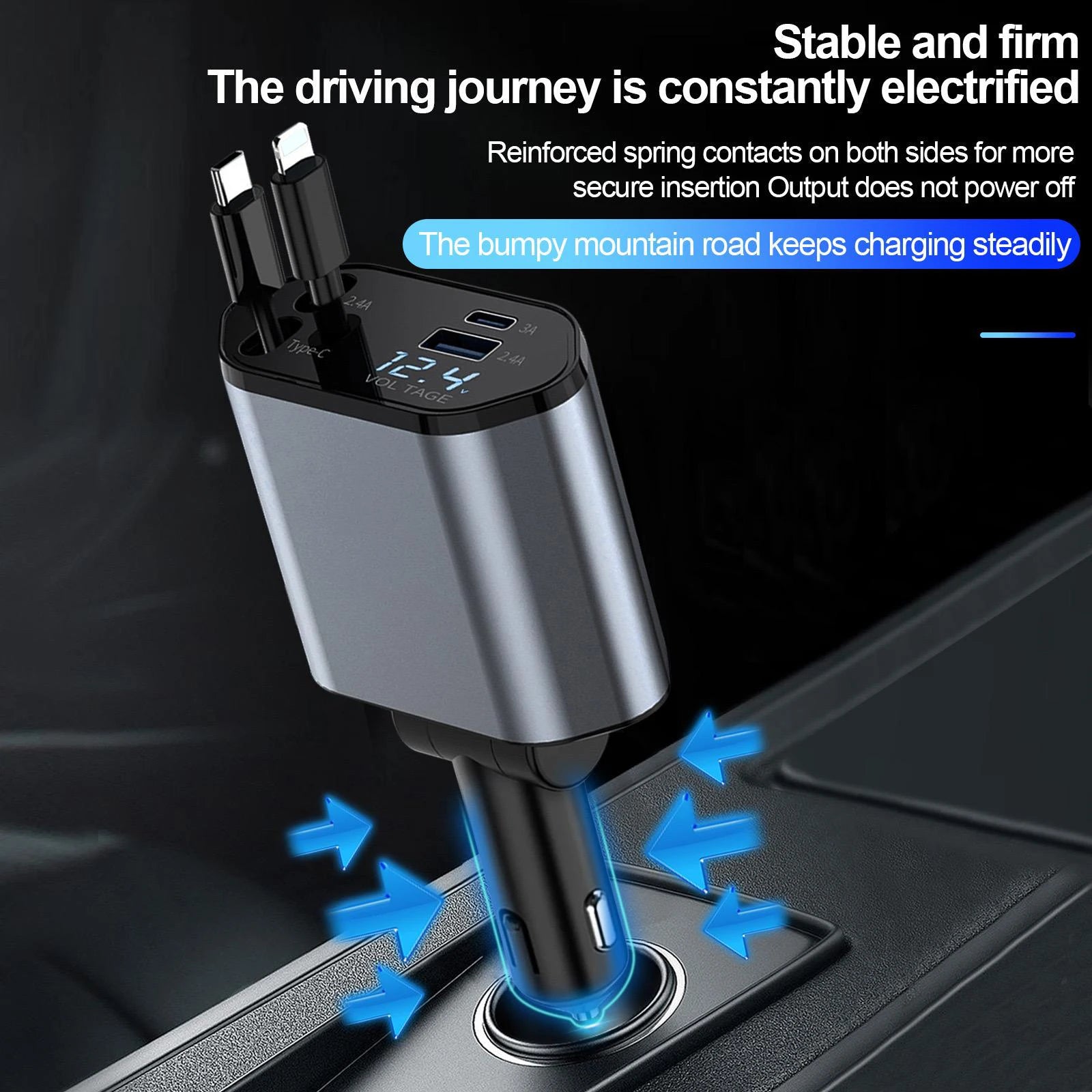 W&O 4-in-1 Vehicle Charger, 120 Watt Fast Charging, Retractable Cable, 2 USB Ports, Compatible with All Vehicles iOS & TYPE-C