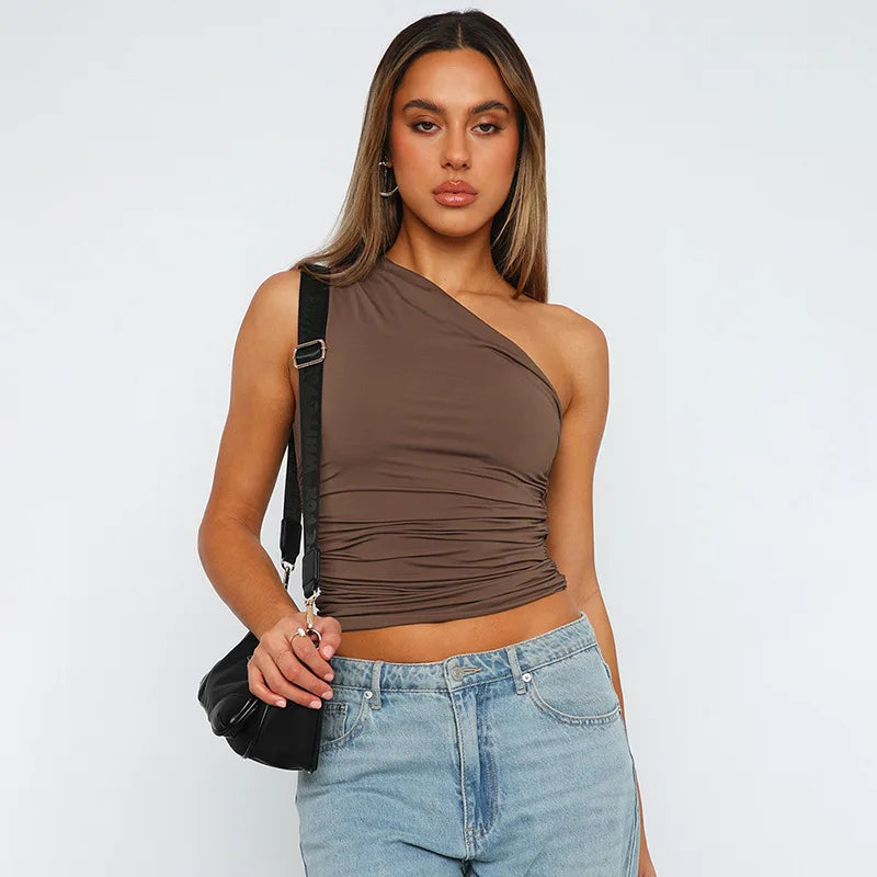 Solid Color One Shoulder Backless Shrink Tank Top T-Shirt Candy Color Tight Sexy Sleeveless Neckless Slim Casaul Top