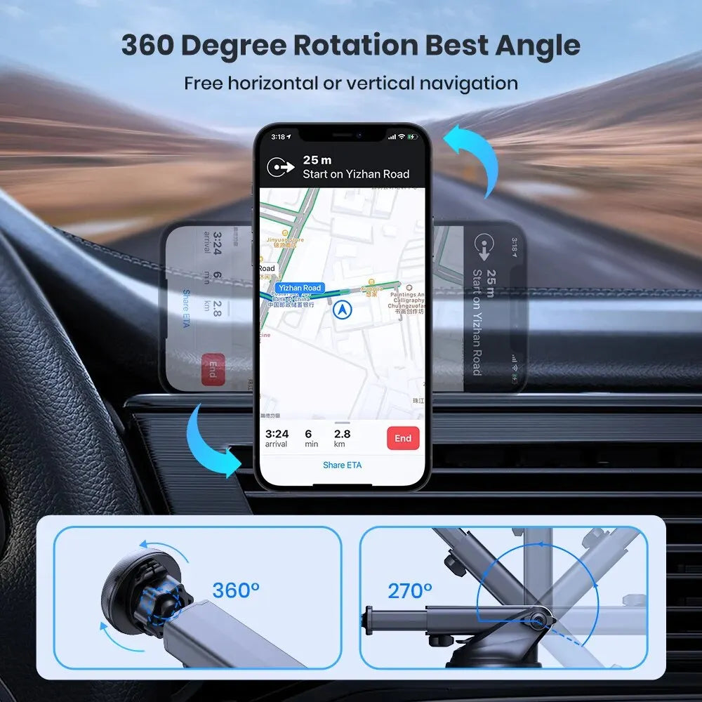 TOPK Magnetic Car Phone Mount; N52 Strong Magnet Dashboard Windshield Suction Cup Car Phone Holder Adjustable Telescopic Arm