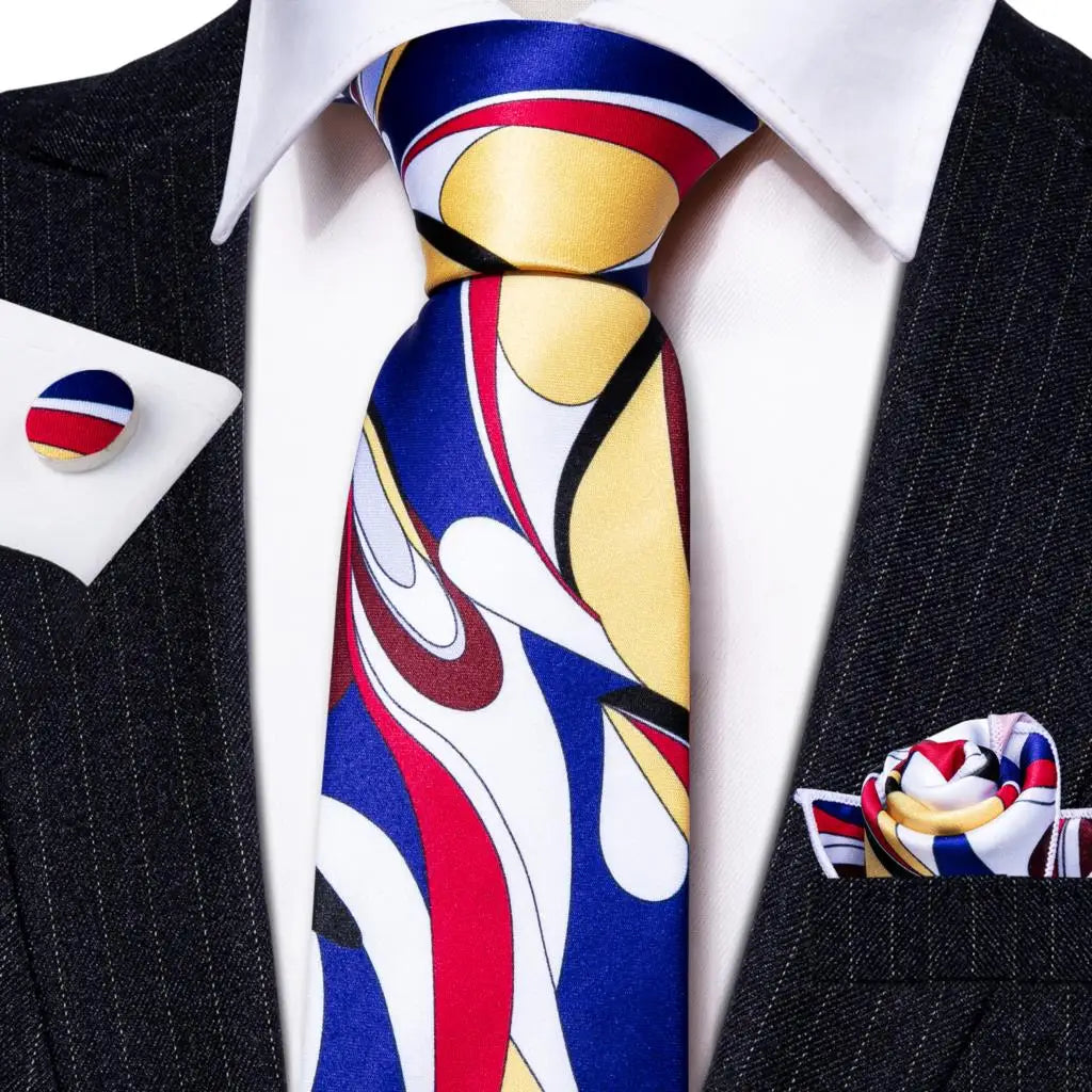 Barry.Wang Colorful Men Tie Handkerchief Cufflinks Set Novelty Floral Necktie for Male Designer Wedding Business Party Gift