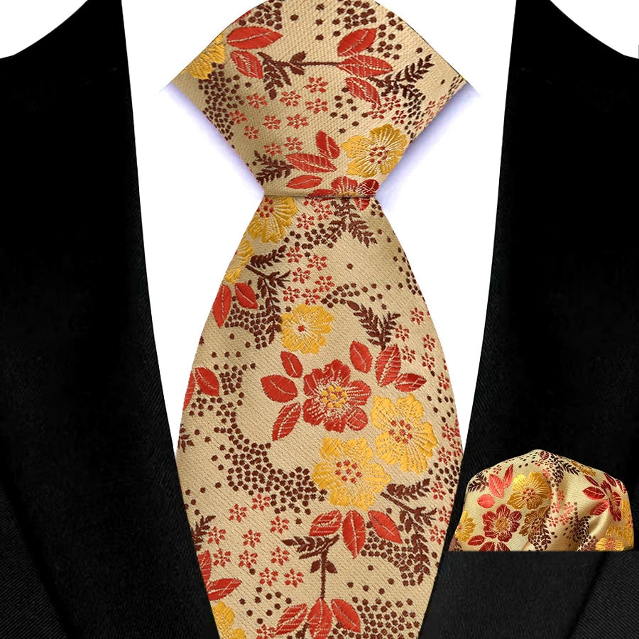 Mens 8cm Tie Set Orange Brown Floral Stripes Wedding Tie Hadkerchief Set For Men Fashion Design Quality Hanky Necktie Set