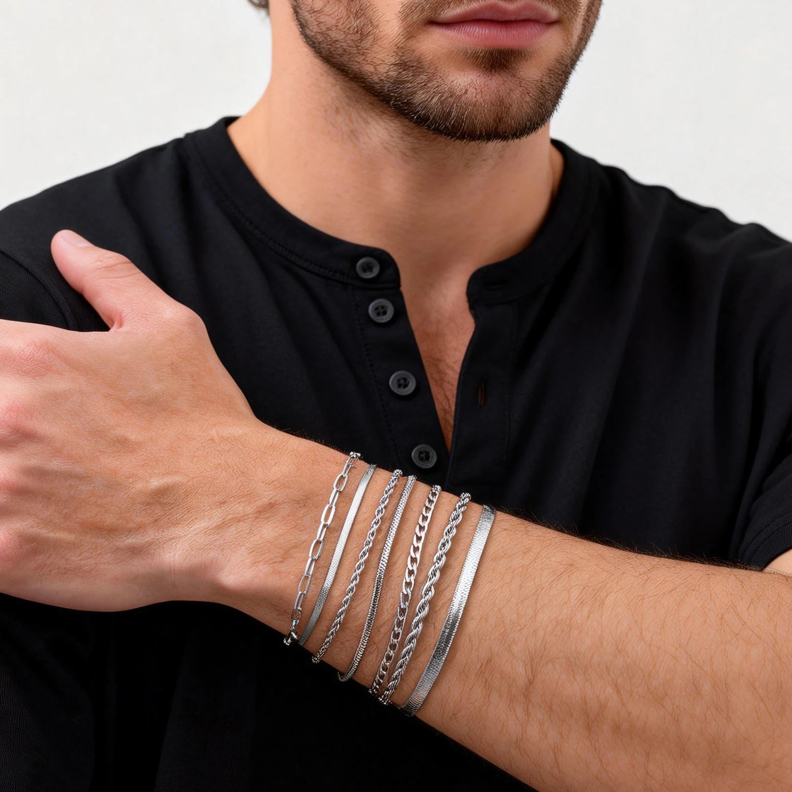7pcs/set Simple Chain Bracelet for Men Women,Stainless Steel Silver Color Metal Chain Wristband,Basic Layered Jewelry Gift